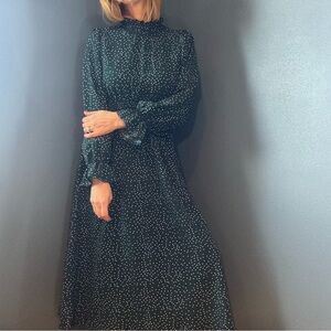 Green & White Long Sleeve High Neck Polka Dot Dress Size Large